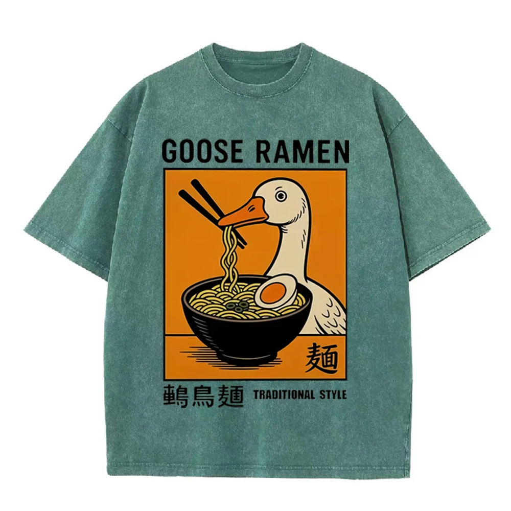 2026 Vintage Washed Beige Cartoon Goose Ramen Noodle Graphic T Shirt Japanese Food Print Oversized Casual Short Sleeve Tee