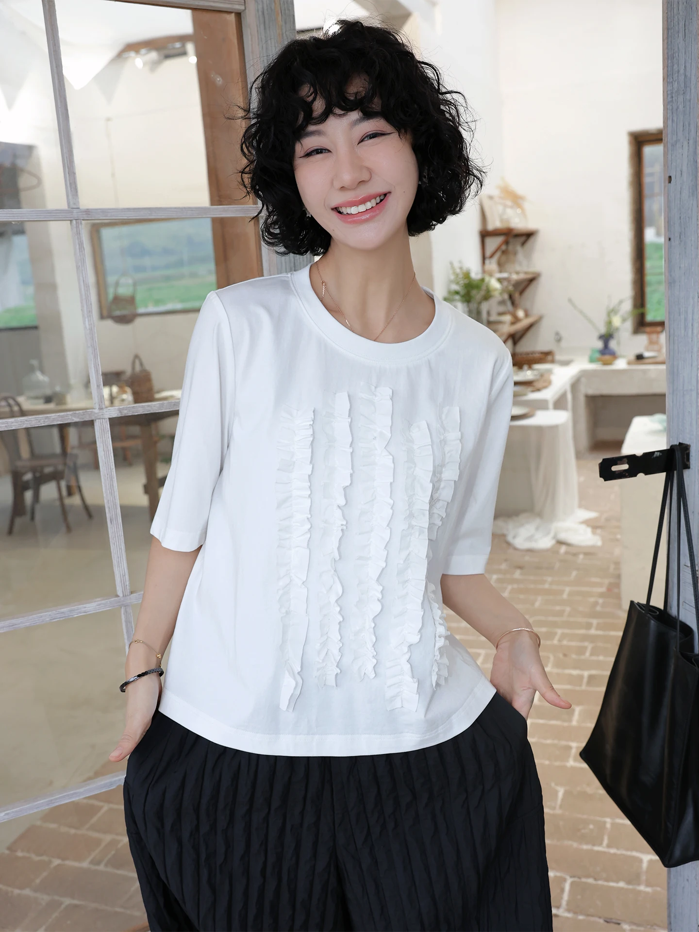 

TT One Mu Hawthorn Loose Half Sleeve T-Shirt Women's Spring New Style White Cotton Polyester Blend Short Sleeve roun...