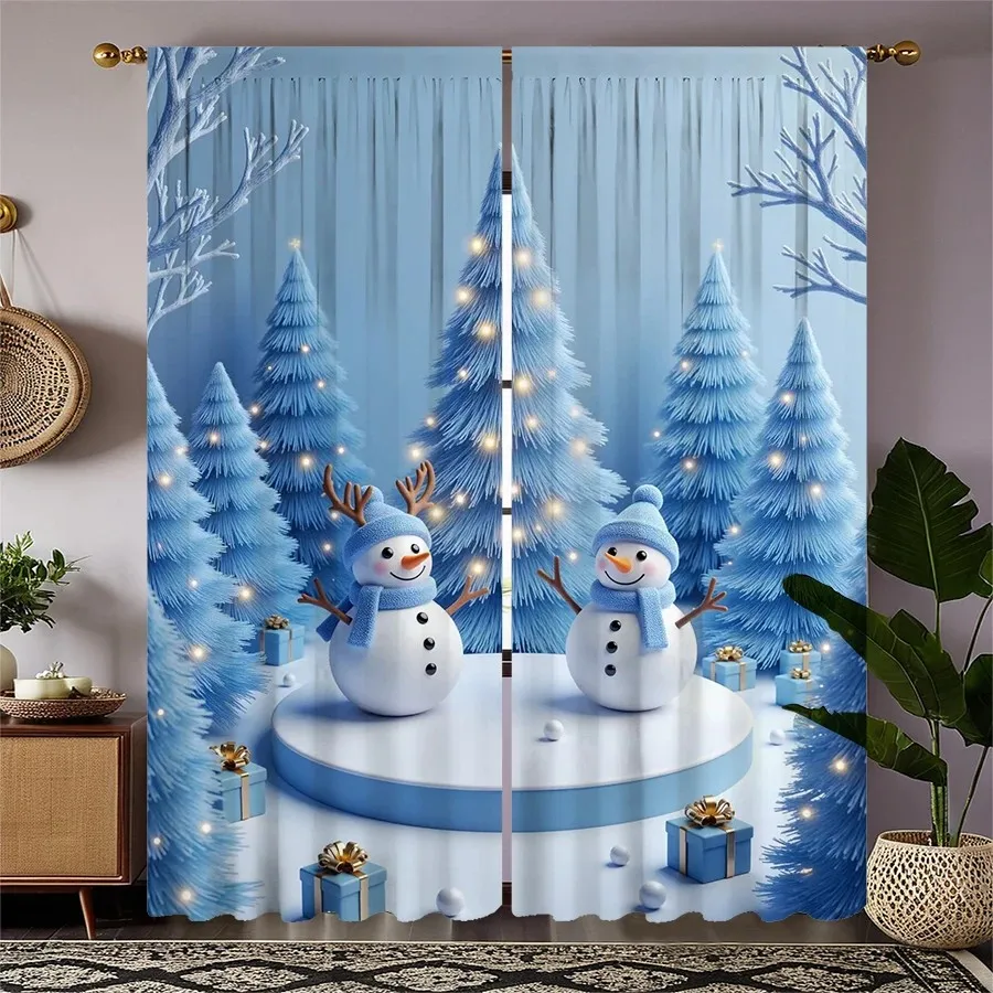 2PCS Digital Print Curtains, Cute Snowman Light Blue Xmas Trees Gift Boxes 3D, Winter Wonderland for Bedroom Living Room Decor