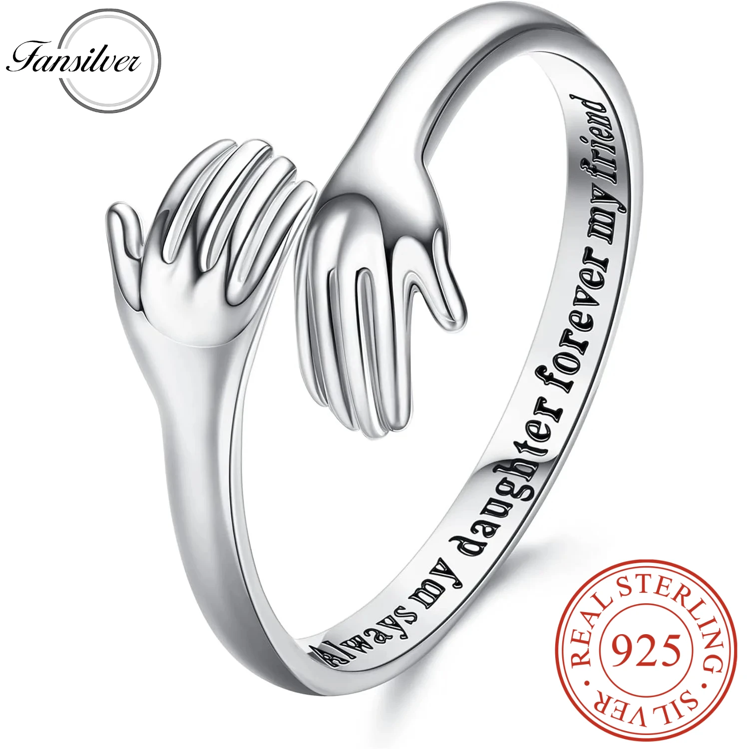 Fansilver S925 Sterling Silver Hug Ring for Women Adjustable Ring Promise Friendship Ring Birthday Gifts for Mom Wife Grandma