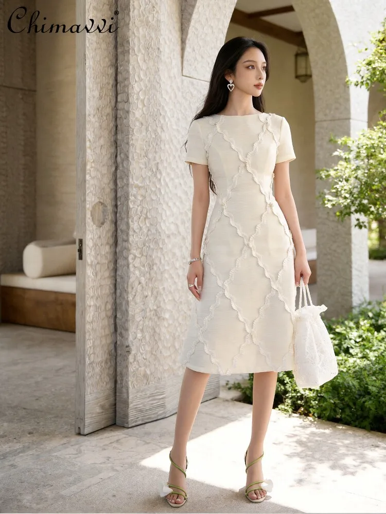 

French Elegant Fashion Socialite White Dress Crew Neck Short Sleeve Patchwork Plaid High Waist Slim Midi Dress Women Summer 2026