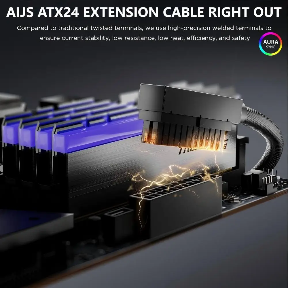 สายต่อเมนบอร์ด AIJS ATX24Pin Right Out,18AWG 90 °   สายเชื่อมต่อแบบมุมฉาก, ARGB 5V 3Pin ตัวผู้-ตัวเมีย
