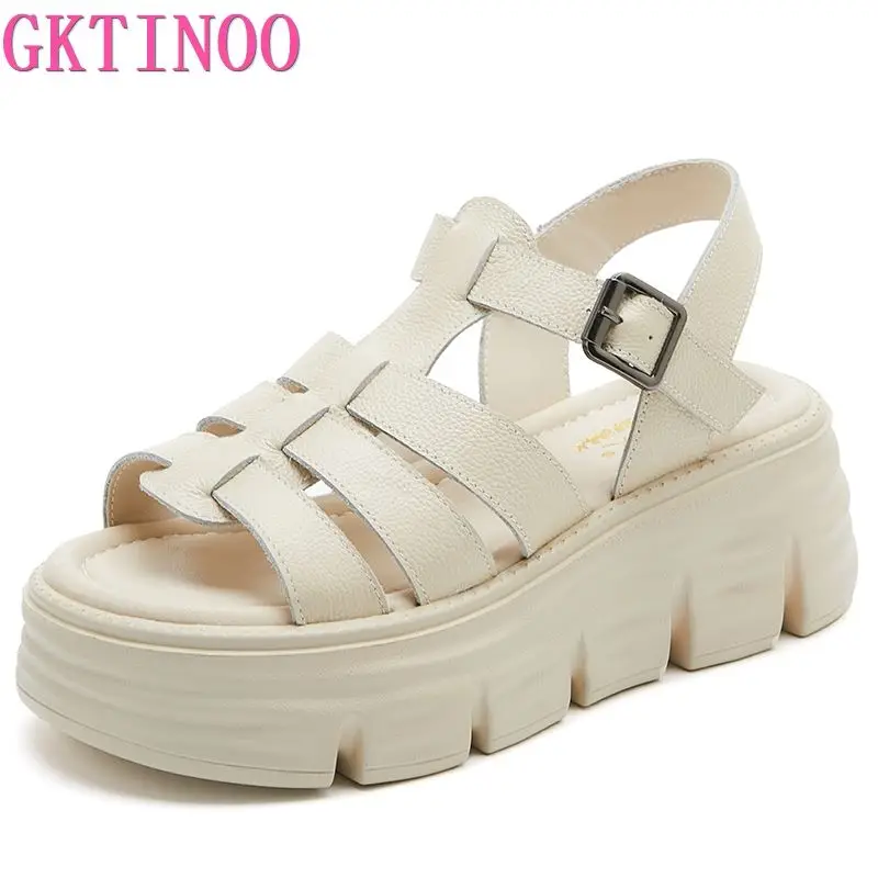 GKTINOO 6cm New Women Sandals Buckle Slides Cow Genuine Leather Summer Fashion Platform Wedge Luxury Females Comfy Ladies Shoes