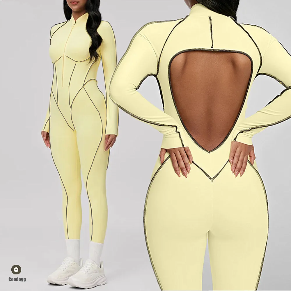

Pad Zipper Yoga Set Sports Fitness Hollow Back Skinny Women One-Piece Jumpsuits Workout Legging Clothing Gym Bodysuit XP83