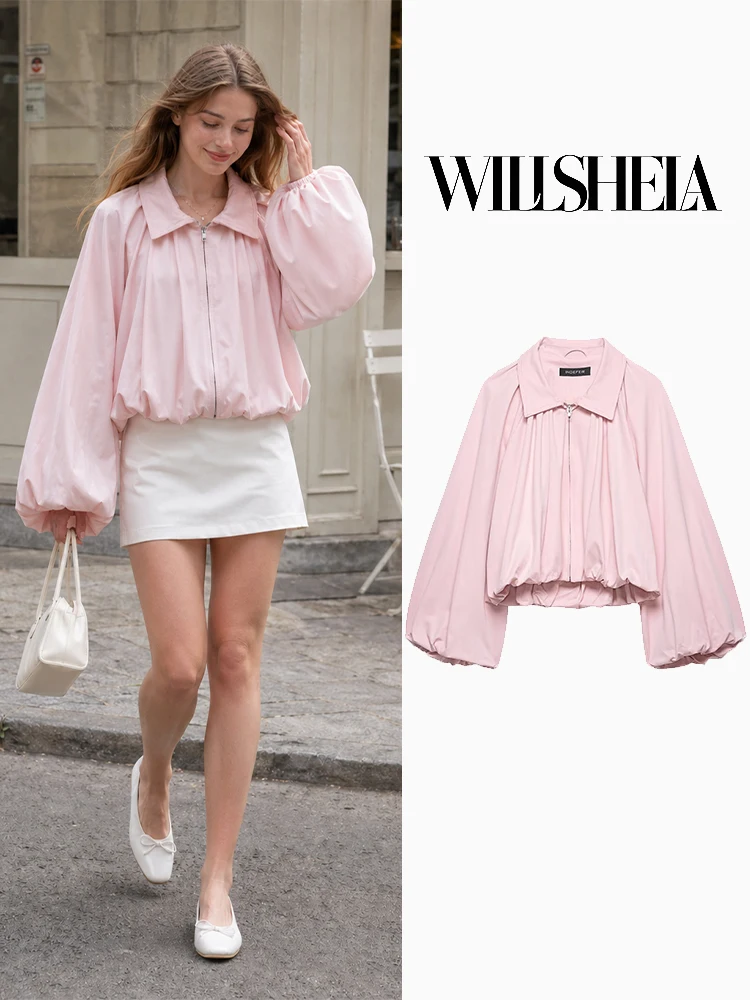 Willshela Women Fashion Pink Front Zipper Loose Pleated Bomber Jackets Vintage Lapel Neck Long Sleeves Female Chic Lady Outfits