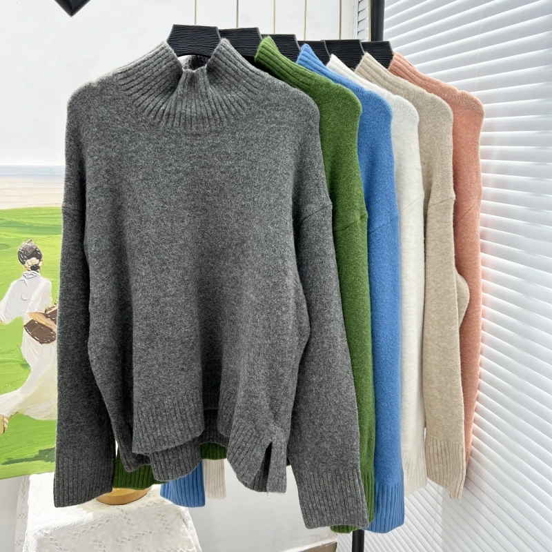 เสื้อสเวตเตอร์ไหมพรมถักแบบหลวม มีรอยผ่าสำหรับห้อยป้ายในห้องลองเสื้อ  แบบญี่ปุ่น สไตล์ลำลอง วินเทจ ทรงโอเวอร์เฮด แขนยาว ให้ความอบอุ่น