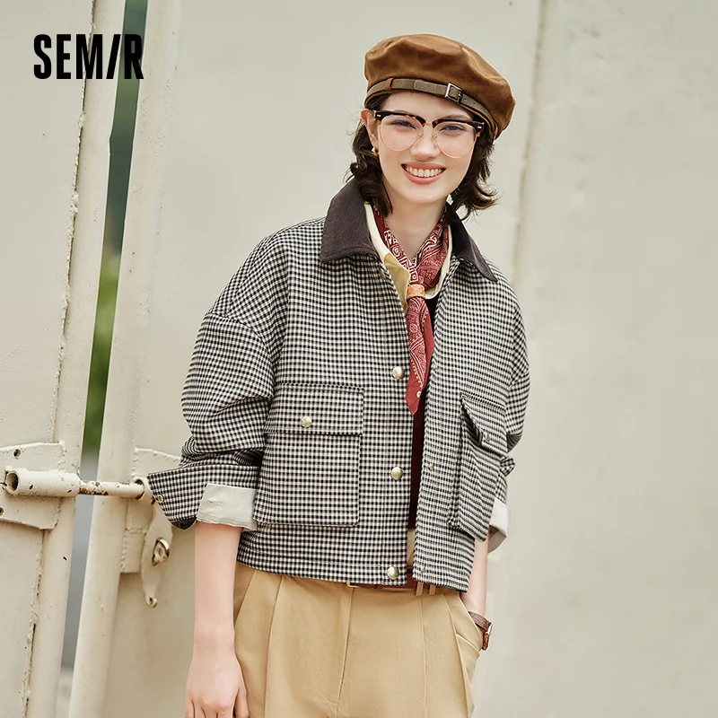 Semir Jacket Women Cropped Turn Collar Trendy Loose 2025 New Autumn Plaid Fashion Coat
