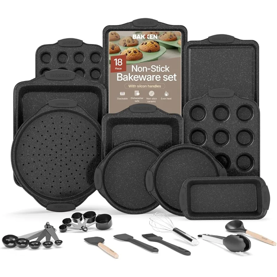 

18Piece Kitchen Oven Baking Set: Nonstick Gray Marble Coating Carbon Steel Bakeware Silicone Handles Dishwasher Safe Profession