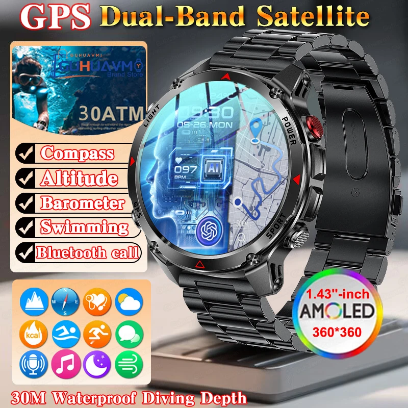 

Popular outdoors GPS Sports Smart Watch Men 1.43"inch AMOLED 30ATM IP69K Waterproof 540mAh Infrared Bluetooth call SmartWatches