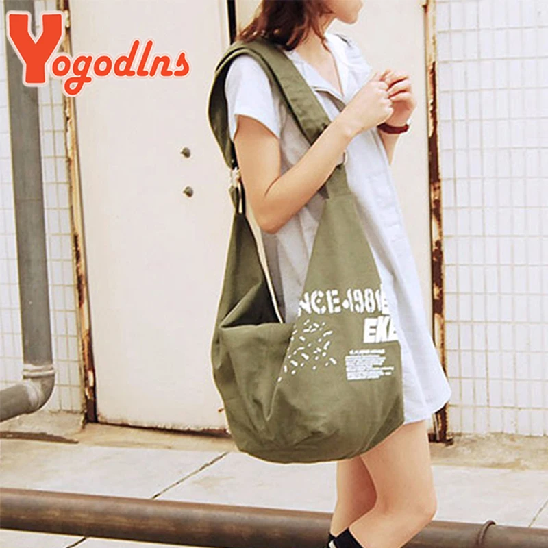 Yogodlns Letter Decors Canvas Shoulder Bag For Women Large Capacity Tote Bag Student Bookbags Travel Duffle Bag Shopping Totes