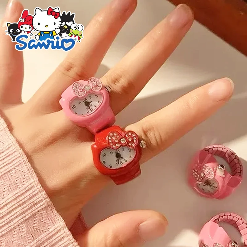 Kawaii Hello Kitty Watch Ring Sanrio Cartoon Creative Diamond Watch Adjustable Ring for Women Birthday Gifts Girls Jewelry