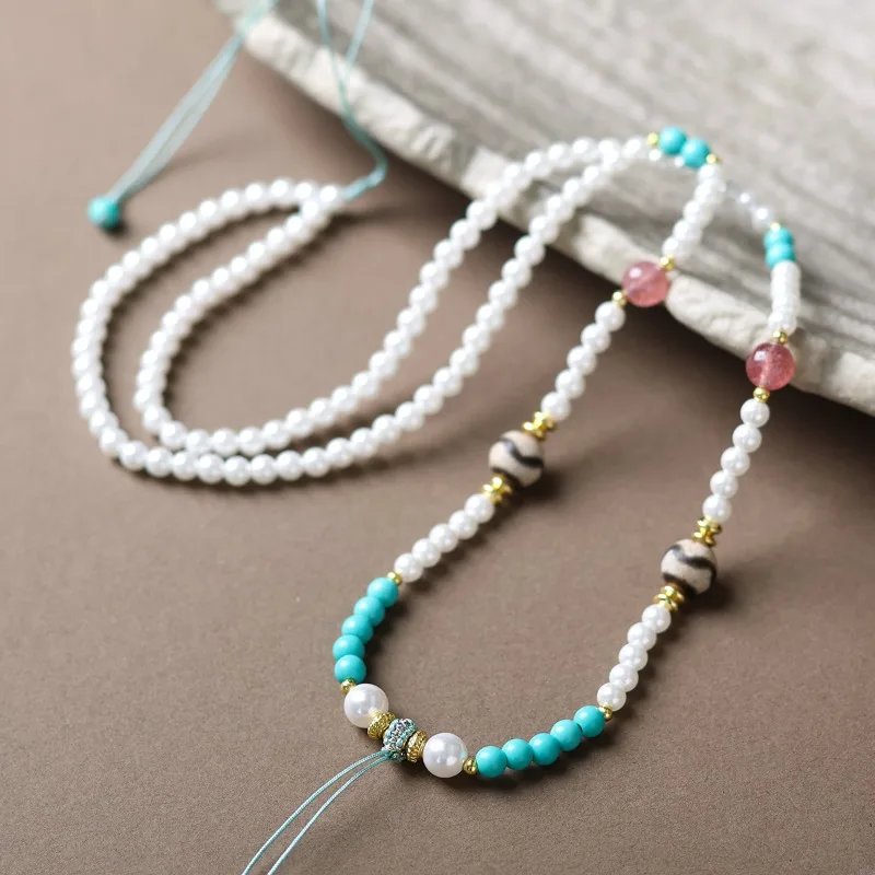 Handwoven Pearl Shell New Chinese Pendant Cord with Strawberry Crystal & Magnesite Turquoise Charms, Women's Gift