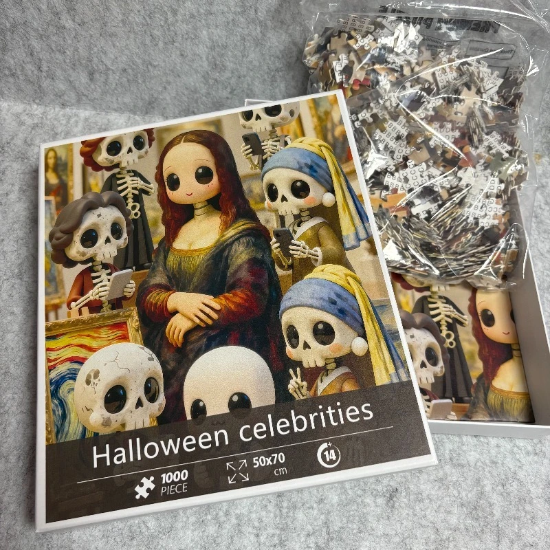 White Cardboard 1000 Pieces Halloween Jigsaw Puzzle, Funny Skeleton Famous Painting Theme Puzzle 50×70 cm, Challenging Game