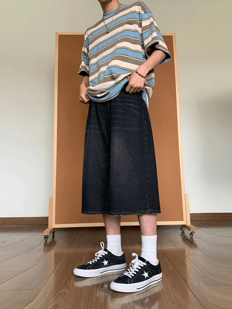 

Ретро-джинсы американского стиля с широкими штанинами, мужские летние тонкие прямые брюки-кюлоты, модные брендовые шорты-кюлоты средней длины.