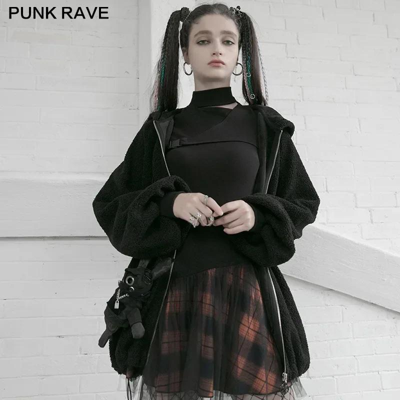 

PUNK RAVE Women's Punk Style Mesh Stitched Plaid Warm High-waisted Fluffy Skirt Daily Thick Personality Cool Girl Mini