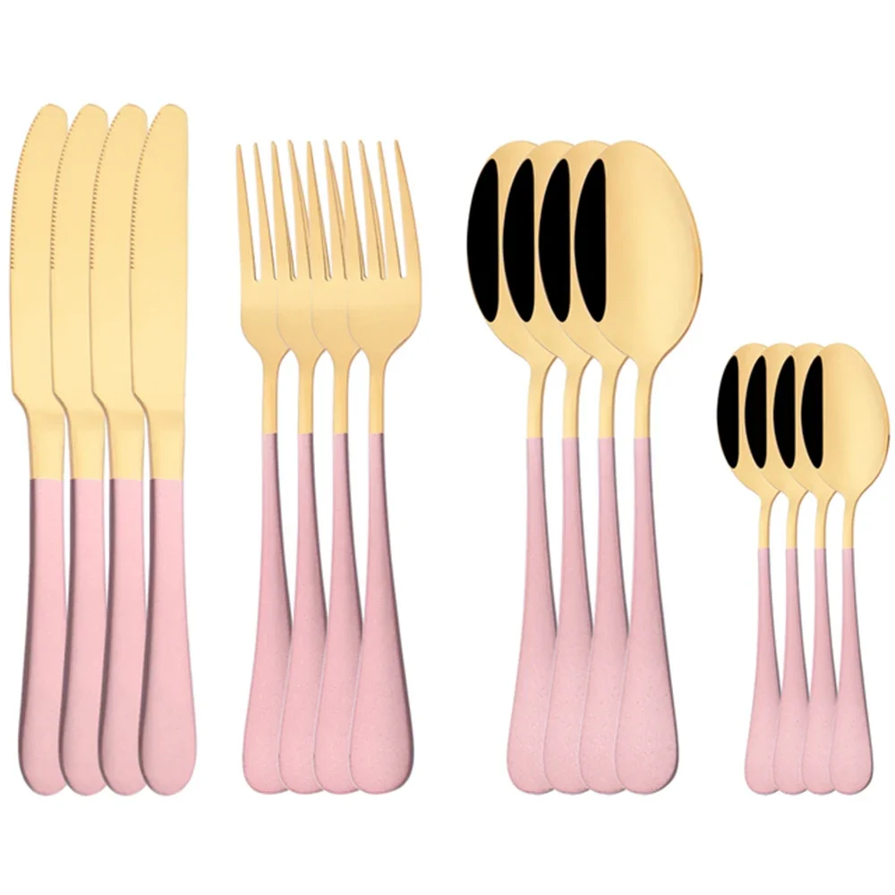 16Pcs Pink Gold Mirror Dinnerware Cutlery Set Knives Forks Coffee Spoon Flatware Stainless Steel Silverware Tableware Set