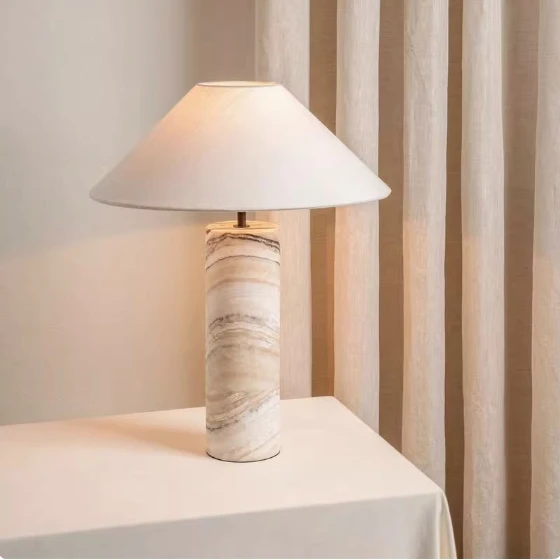 Luxury Natural Marble Lamp Villa Hotel Designer Linen Shade Desk Lamp Living Room Bedroom Lamp