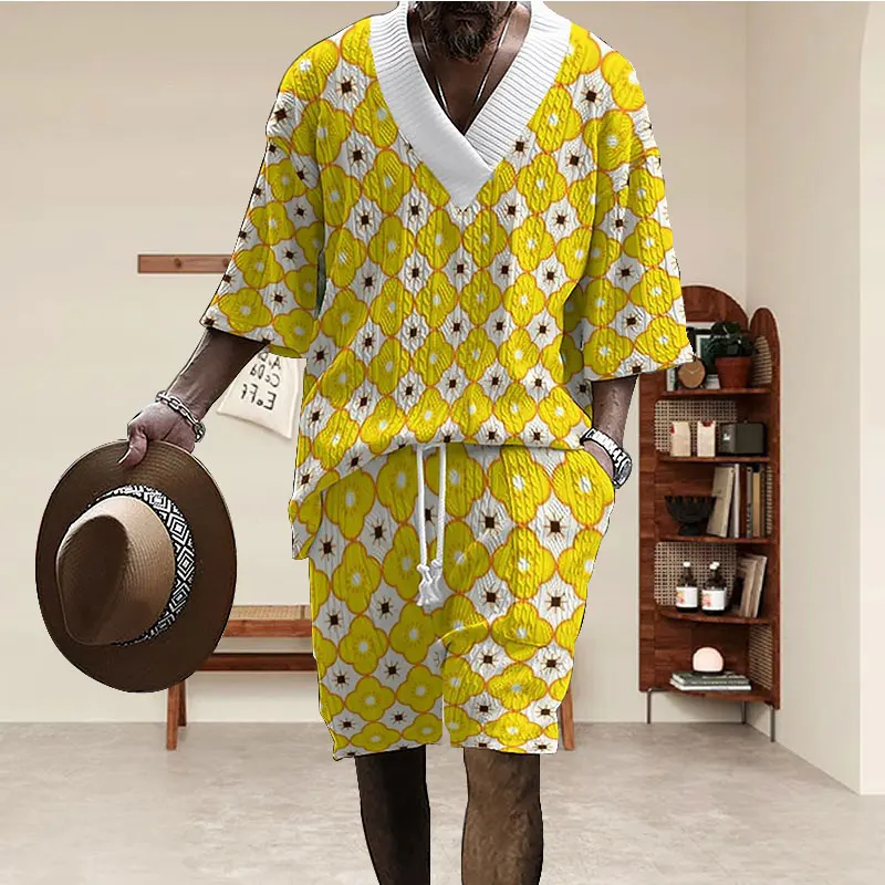 

2025 Summer New Men's Set 3D Casual Loose Euro Size Men's Wear V-neck Half-sleeve T-shirt And Shorts 2-piece Set