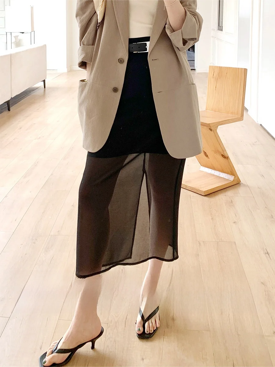 

Amyy Studios Tee-acetate Chiffon Splice Fake Two-pieced f-lined See-tough f-skirt Commute Simple High-waist Straigh...