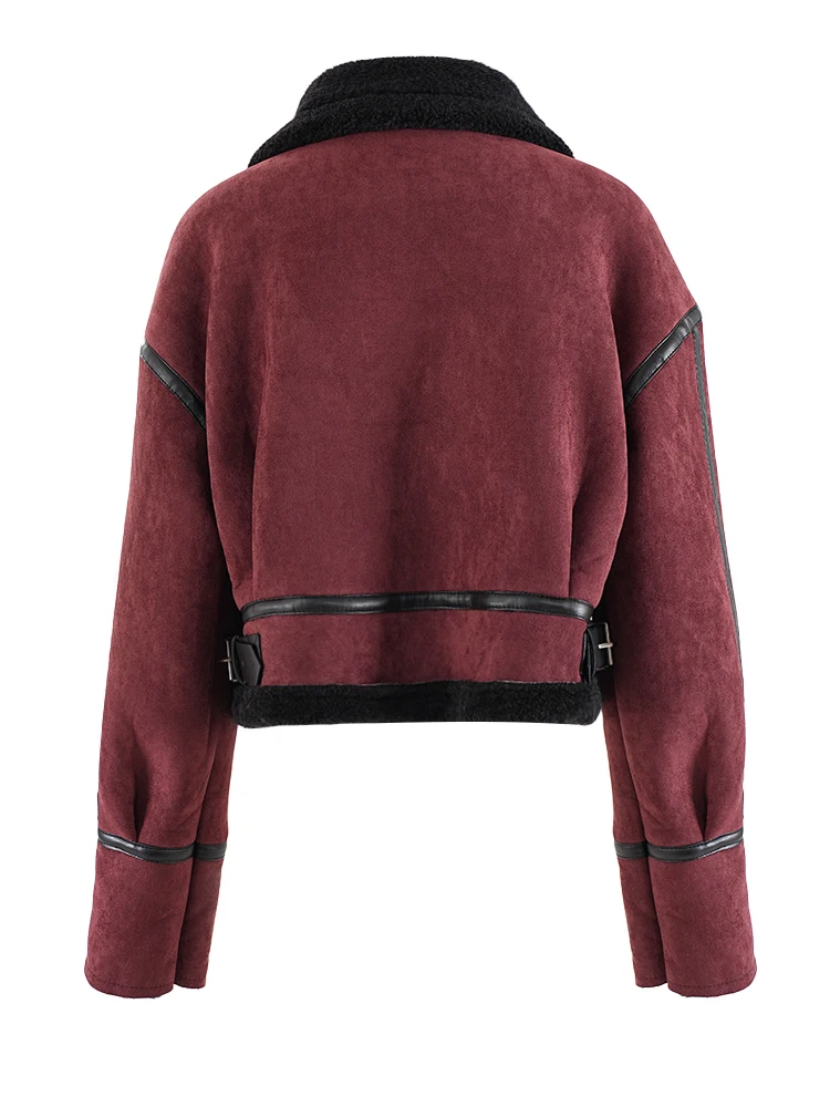 [EAM] chaqueta gruesa y cálida de lana de cordero de ante rojo, abrigo de manga larga con solapa nueva para mujer, moda Otoño Invierno 2024 CPG2386