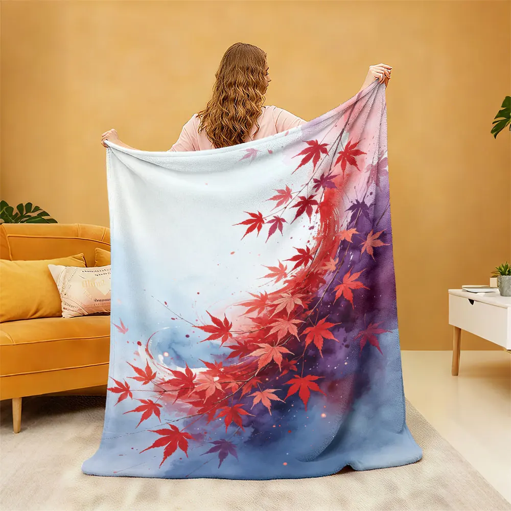 Watercolor Red Maple Leaf Print Flannel Blanket Multi Sizes Cozy Sofa Throw Soft Nap Blanket For Office Break Indoor Daily Re