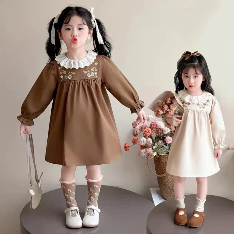 Frühling Herbst Kinder Kleidung 1-6Yrs Pastoralen Baby Lange Ärmeln Sticken Floral Puppe Kleider Kinder Süße Prinzessin Mädchen Kleid