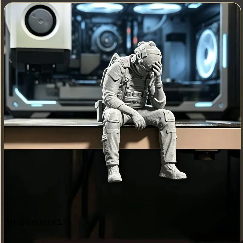【E】Military Style Sitting Figurine 3D Printed Miniature Tactical Gear Desk Ornaments Home Office Bookshelf Decor Craft Gift