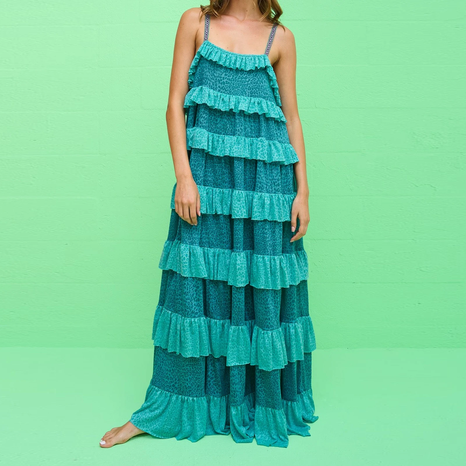 ผู้หญิง Contrast ชั้นยาว Cami ชุดลําลองหลวม Scoop คอสปาเก็ตตี้สายคล้องคอ Backless Tiered Ruffle Dress