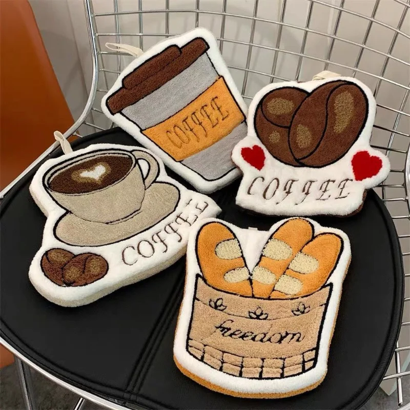 Cute Thickened Coral Fleece Coffee Hanging Hand Towel Soft Embroidered Kitchen Children's Towel Handkerchief for Home