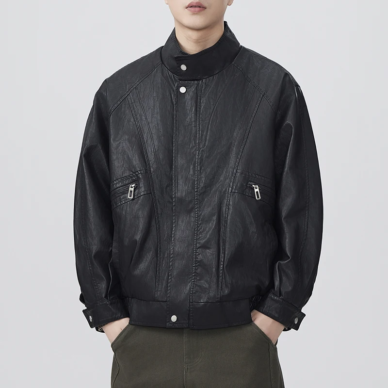 

Повседневная стираная куртка из искусственной кожи, мужская мешковатая куртка в винтажном стиле, осенне-зимняя верхняя одежда, крутое и красивое универсальное пальто, модное