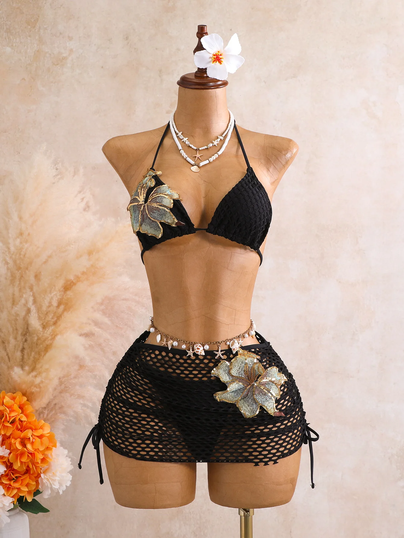 2026 3 Pcs 3D Floral Bikini Swimsuit Women Halter Triangle Bathing Suit Mesh Skirt Cover‑Up Multi‑Color Brazilian Beach Swimwear