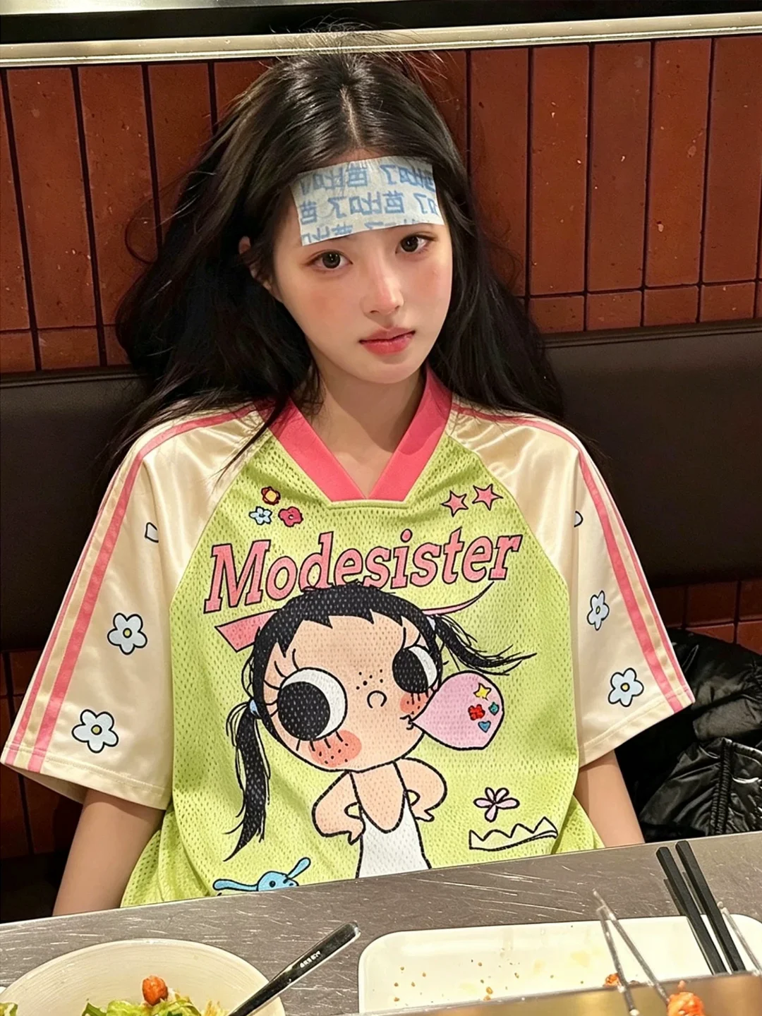 Cute Cartoon Girl Flower Color Block V-Neck Short Sleeve T-Shirt Women's Summer Breathable Mesh Sport Style Dopaamine Top