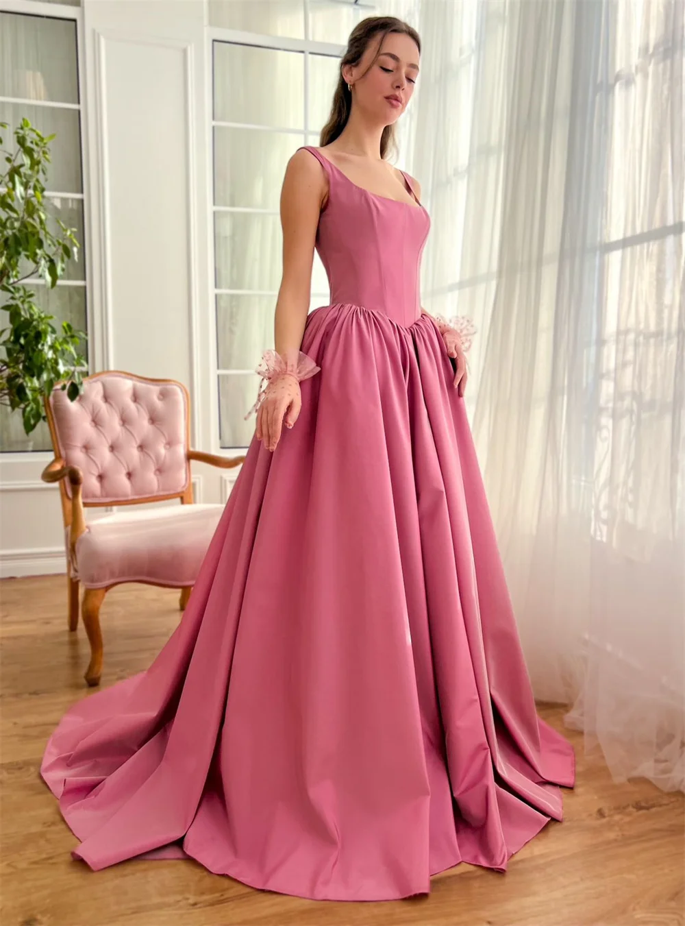 Bella Cherry Pink Satin Prom Dresses Elegant Sleeveless A-line Evening Dress Floor-length Lace-up Back Vestidos De Fiesta 2024