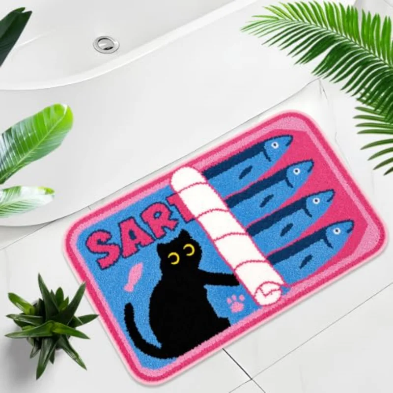 VIKAMA Cartoon Cat Bath Mat Pink Trim Blue Base Fish Paw Print Non‑Slip Absorbent Floor Mat For Bathroom Entryway Home Decor