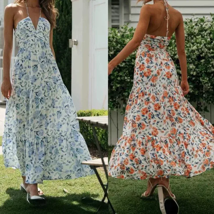 

2024 New Summer Women's Sexy Off-shoulder Halterneck V-neck Suspender Backless Floral Long Dress Bohemian Casual Dress