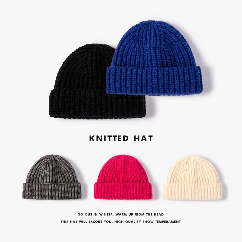 Fashion Men Women Big Head Knitted Cap Winter Warm Thickened Melon Hats Outdoor Brimless Three Needle Wool Sports Cold Caps