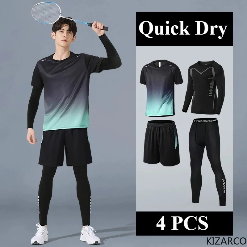 Mens Sportwear Fitness 4 PCS Sets Tracksuit Sport Men Sports Quick Drying Running Sets Joggers Training Gym Workout Suits