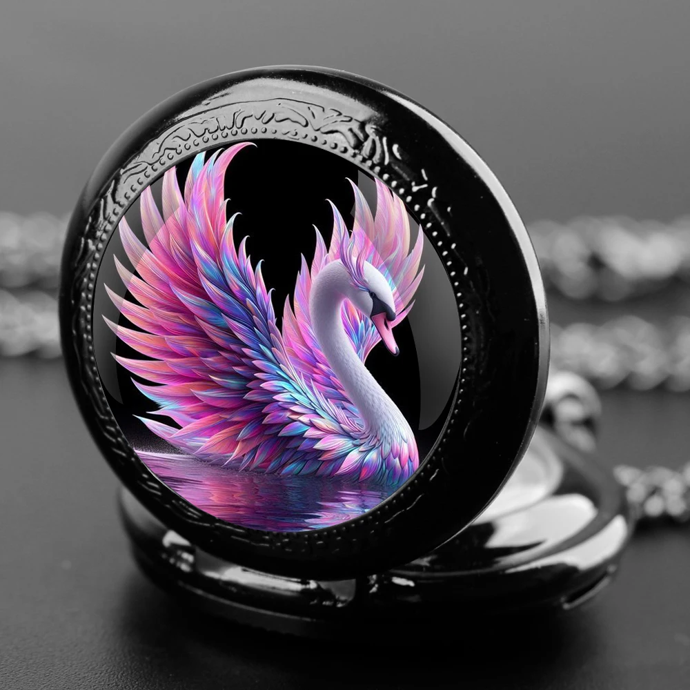 Elegant Pink Swan Design Glass Dome Quartz Pocket Watch With Durable Chain Arabic Numeral Dial For Men And Women Creative Gifts