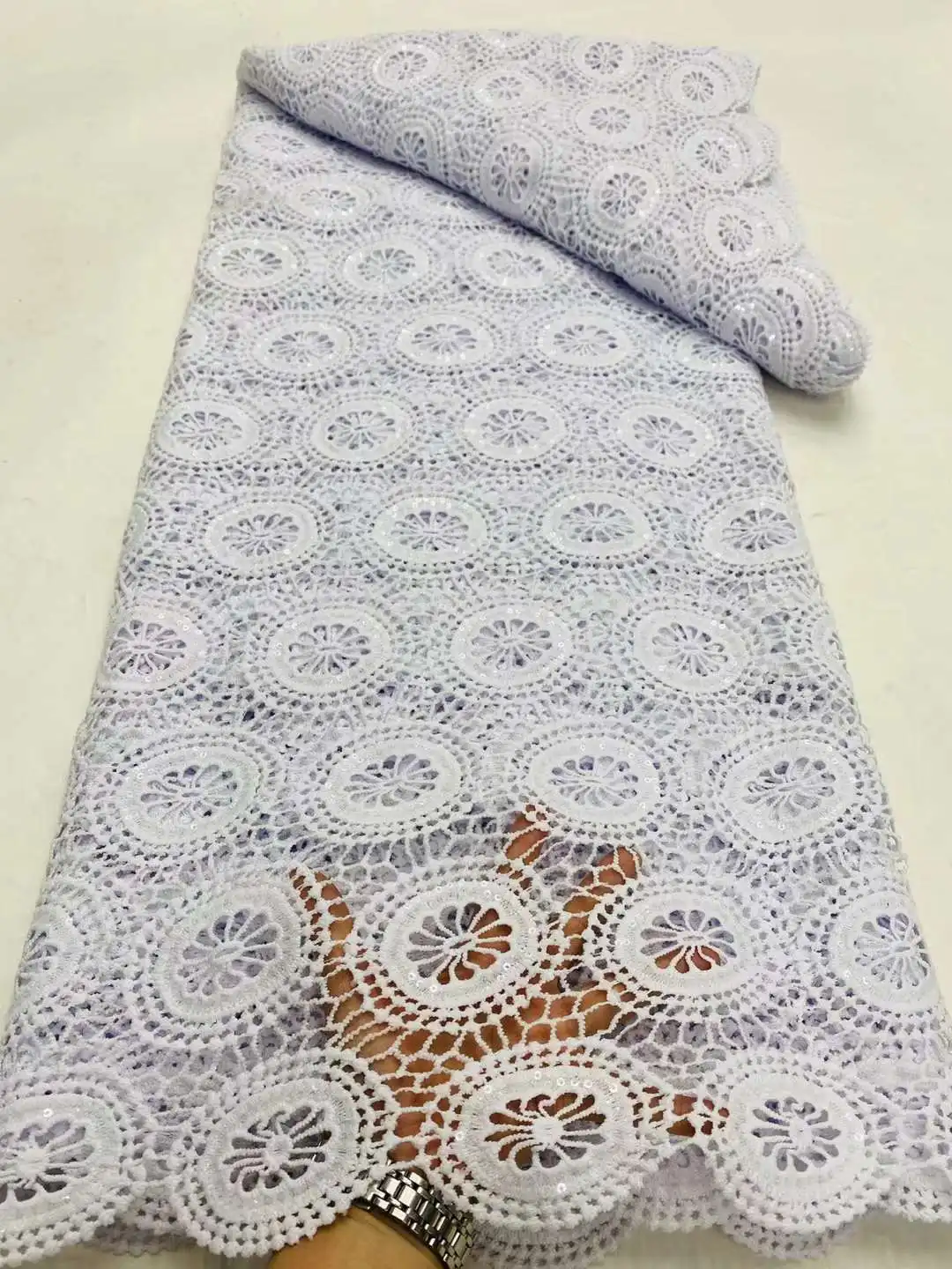 Tissu Africain en Dentelle Guipure Blanche avec Paillettes, Haute Qualité, NigWin, pour Robe de Soirée de Mariage, à Faire Soi-Même, 2024