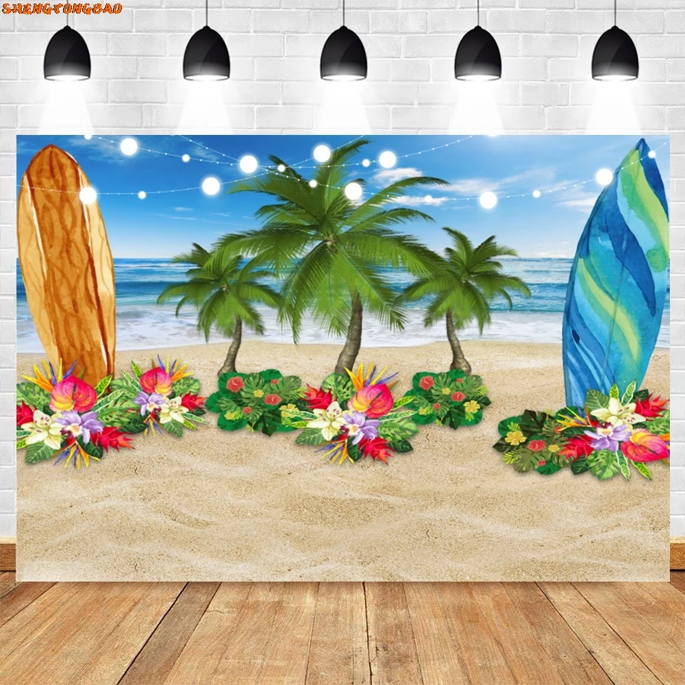 Летние тропические фоны Гавайский Луау Алоха Декор для вечеринки Пляж Пальма Фламинго Доска для серфинга Фотография Фон для фотостудии