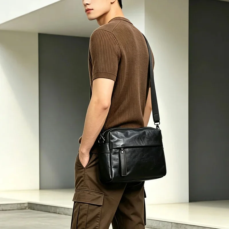 Outdoor Daily Work Luxury Genuine Leather Men Black Shoulder Bag Casual Designer Handmade Real Cowhide Teens Crossbody Pack