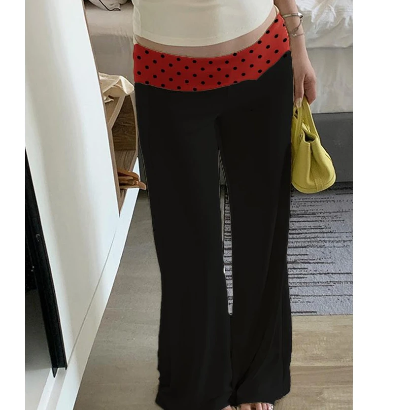 Patchwork Casual Pants Women's Lightweight Soft Lounge Pants Floral Print Fold Over Waist Wide Leg Trousers for Vacation Home