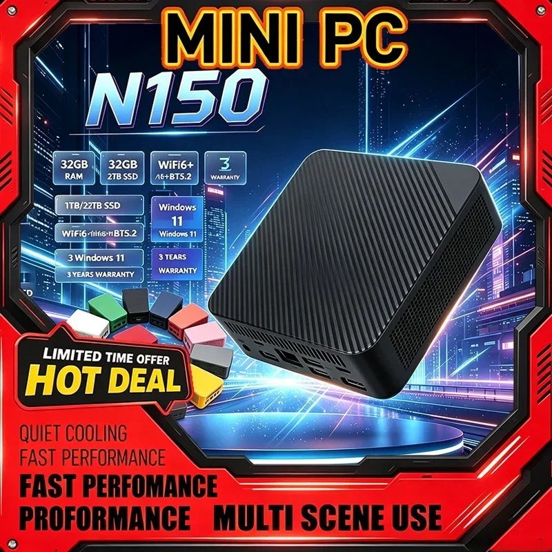 New 13-Color Intel N150 Mini PC 16GB+2TB Speed Combo WiFi6 BT5.2 4K HD Windows 11 Portable Gaming Desktop for Office Study