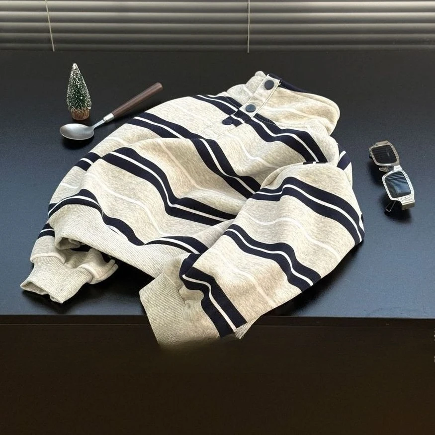 Boys Korean New Classic Striped Stand Collar Sweatshirt Kids Fall Winter Integrated Fleece Super Beautiful Outfit Top