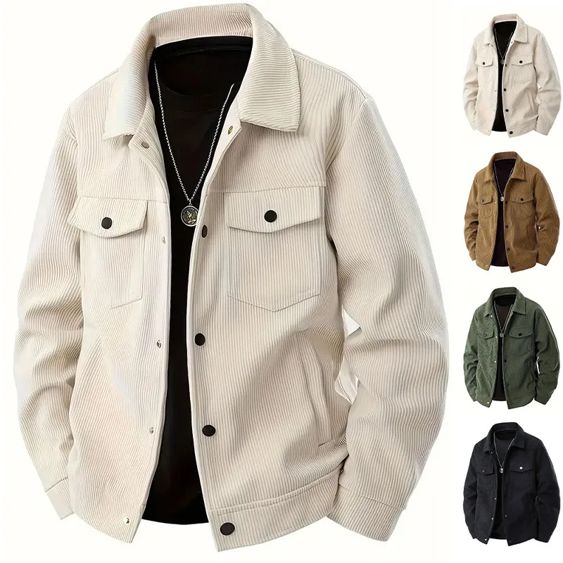 Men Corduroy Single Breasted Turn-Down Collar Long Sleeve Shirt Jacket, Casual Fashion Multi-Pocket Outerwear