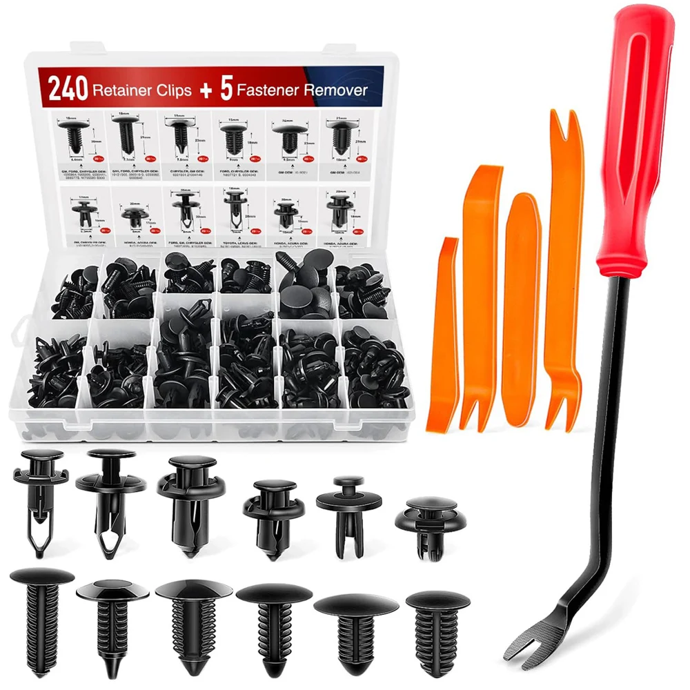 

240Pcs Bumper Clips Car Clips Plastic Rivets 12 Most Popular Sizes 5 Fastener Removers Fasteners Push Retainer Kit Auto Push Pin