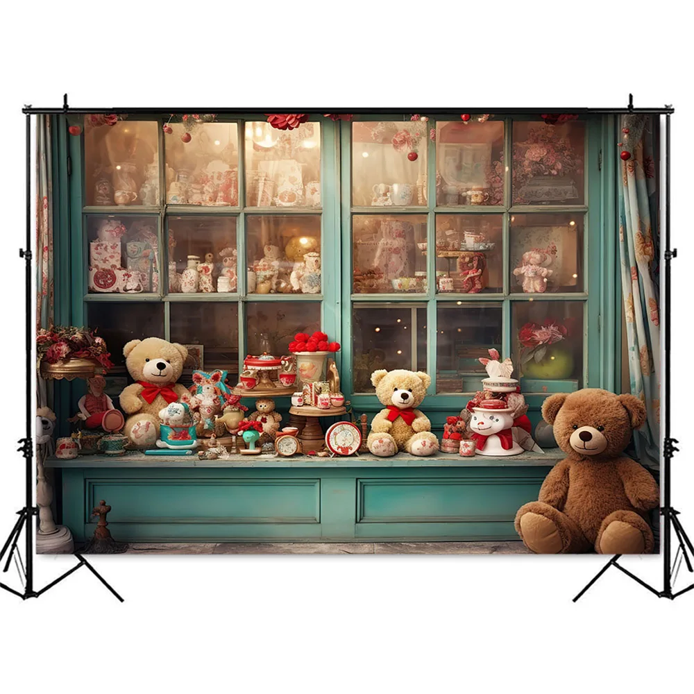 Doorway Teddy Bear Shooting Props Background Valentine\'s Day Supplies Store Photography Backdrop Baby Portrait Cake Smash Decor