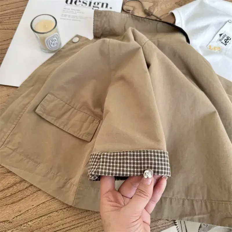 Trench outerwear turn-down colarinho zíper manga cheia 2023 primavera loods algodão simples limpo moda casual confortável criança unisex