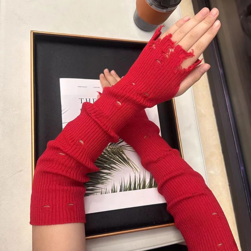 Calentador de brazo sólido para mantener el calor, guantes para mujer, mano elegante Y2k, tejido con agujeros estéticos, puños de manga sin dedos góticos Punk japoneses