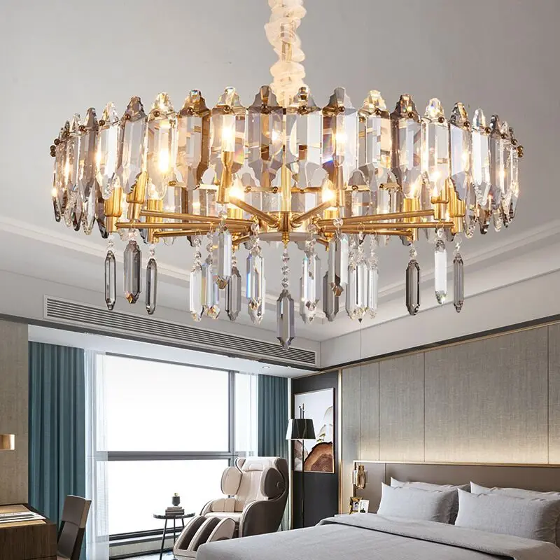 Luxury Crystal Chandelier For Living Room Bedroom Round Dining Room Light Fixtures Clear/smoke Gray Crystals Hanging Lamp